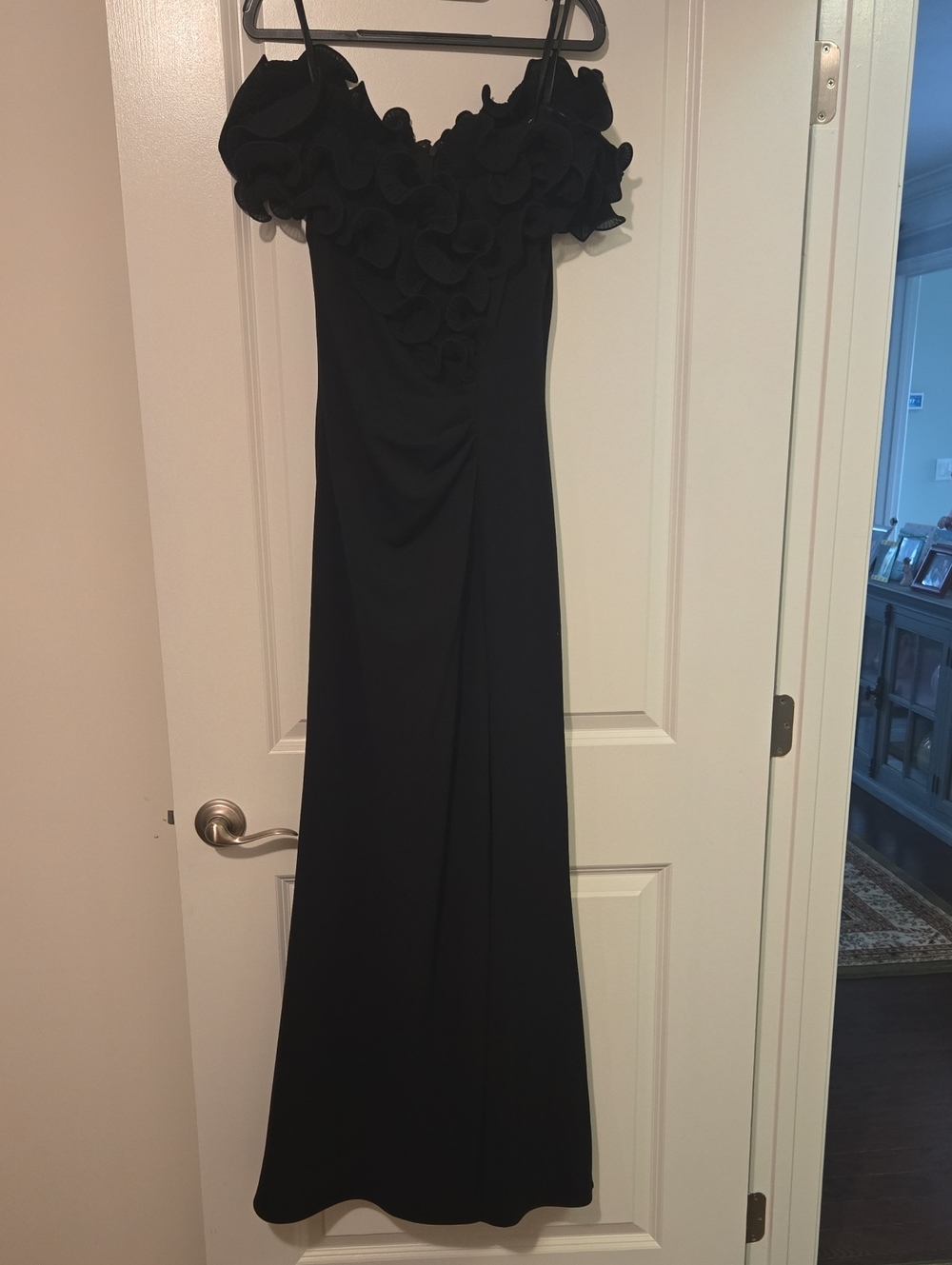 Elegant Off-Shoulder Black Ruffle Maxi Dress With Front Side Slit